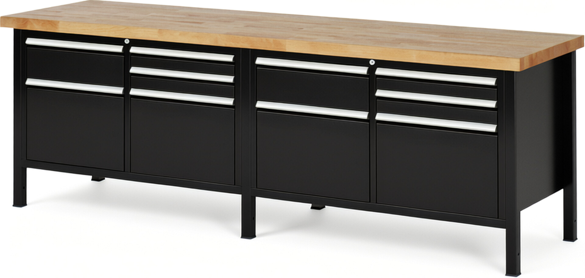 Werkbank Modell 8472 schwarz, BxTxH 2500x700x840 mm,  Buche-Massiv Arbeitsplatte 40 mm,  10 Schubladen mit  Vollauszug 100 % und  SoftClosing
