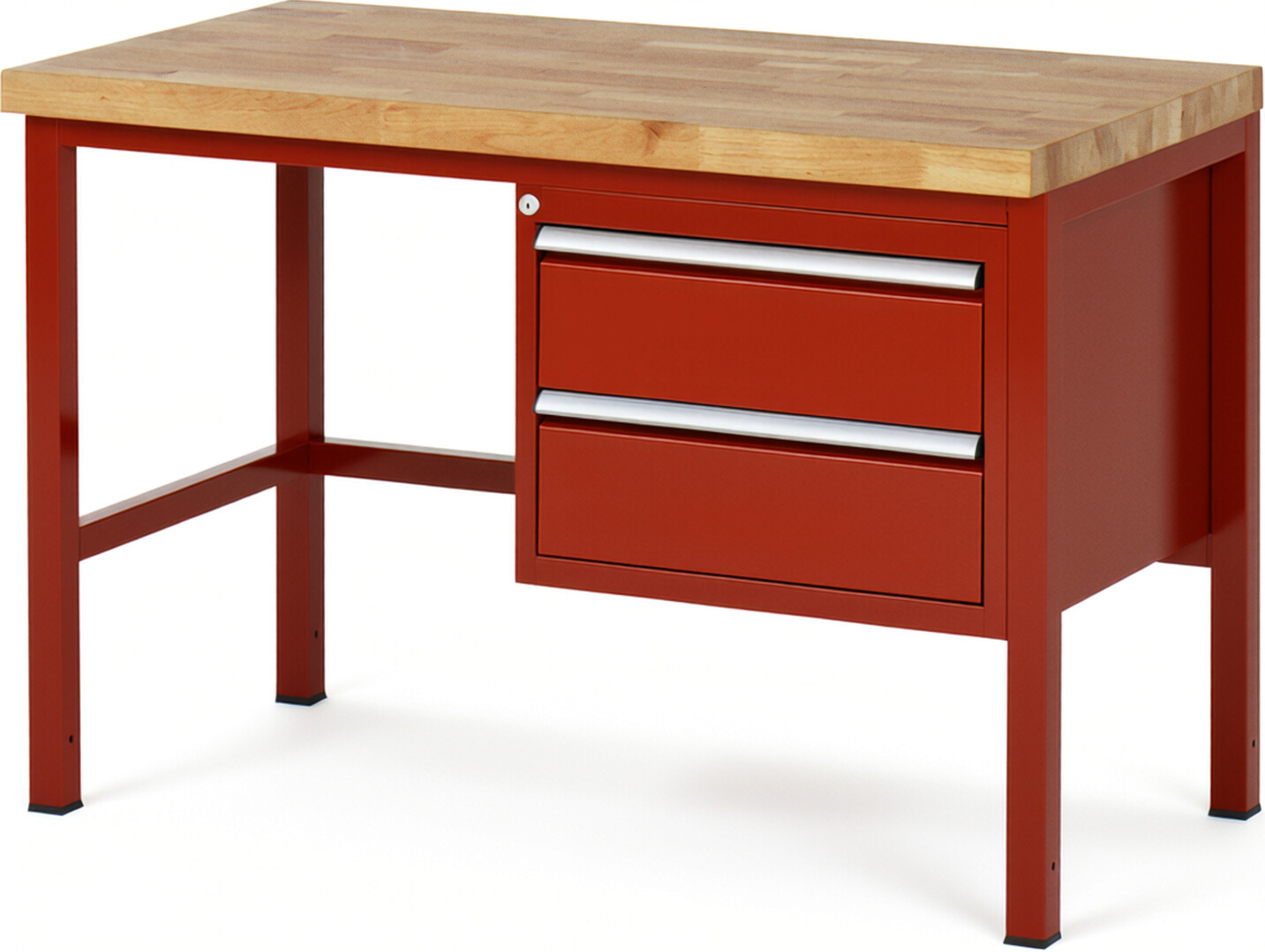 Werkbank Modell 8125 rot, BxTxH 1250x700x840-1040 mm,  Buche-Massiv Arbeitsplatte 40 mm,  2 Schubladen mit  Auszug 90 %