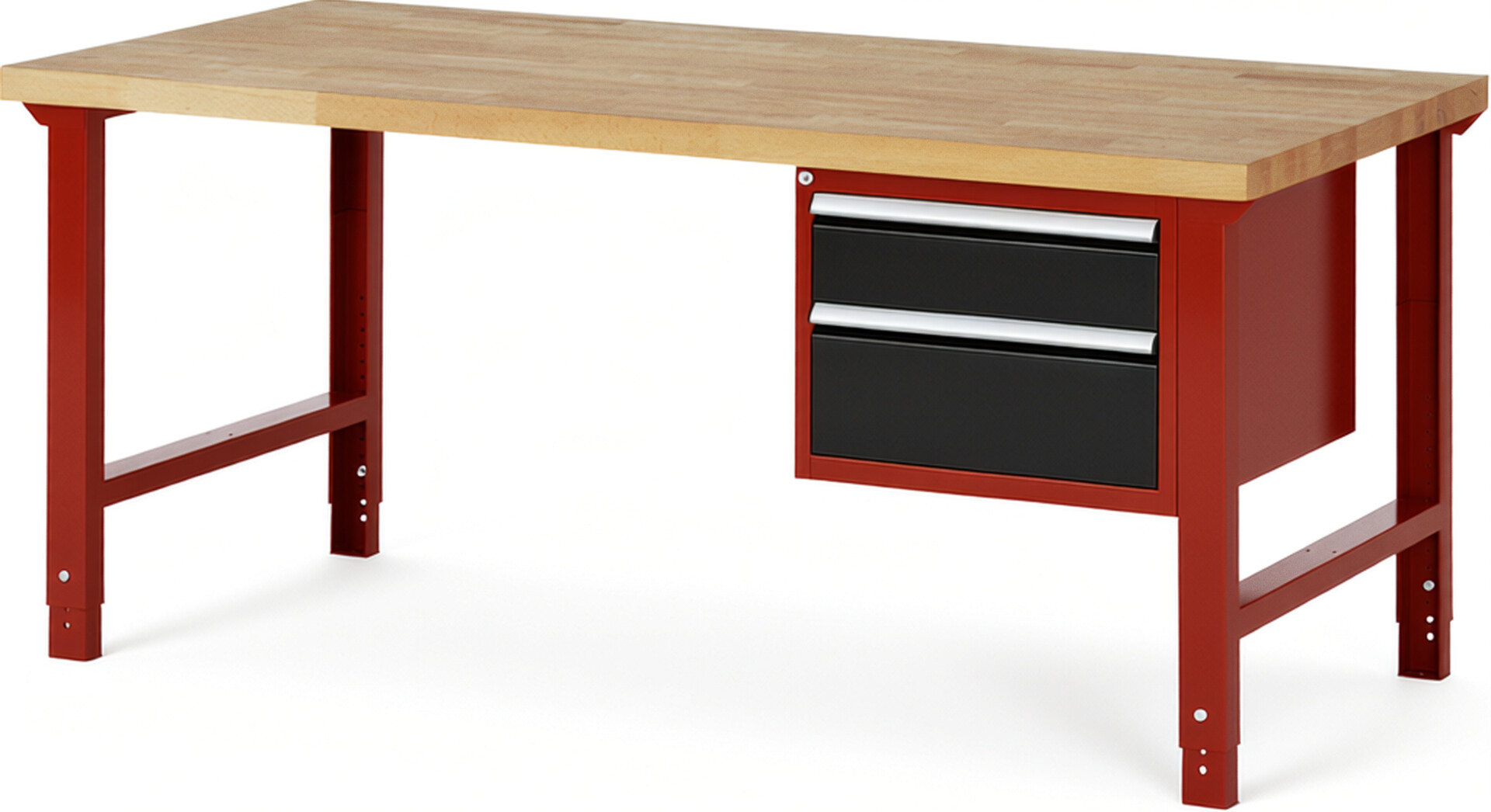 Werkbank Modell 7123 rot - schwarz, BxTxH 2000x900x790-1140 mm,  Buche-Massiv Arbeitsplatte 40 mm,  2 Schubladen mit  Auszug 90 %