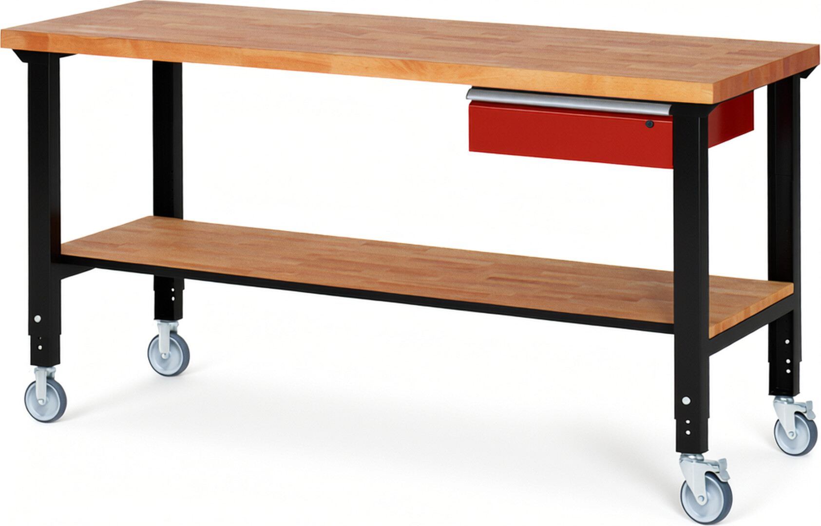 RAU Werkbank schwarz - rot - Breite 200 cm - Tiefe 70 cm - Höhe 100 cm - Buche-Massiv Arbeitsplatte 40 mm