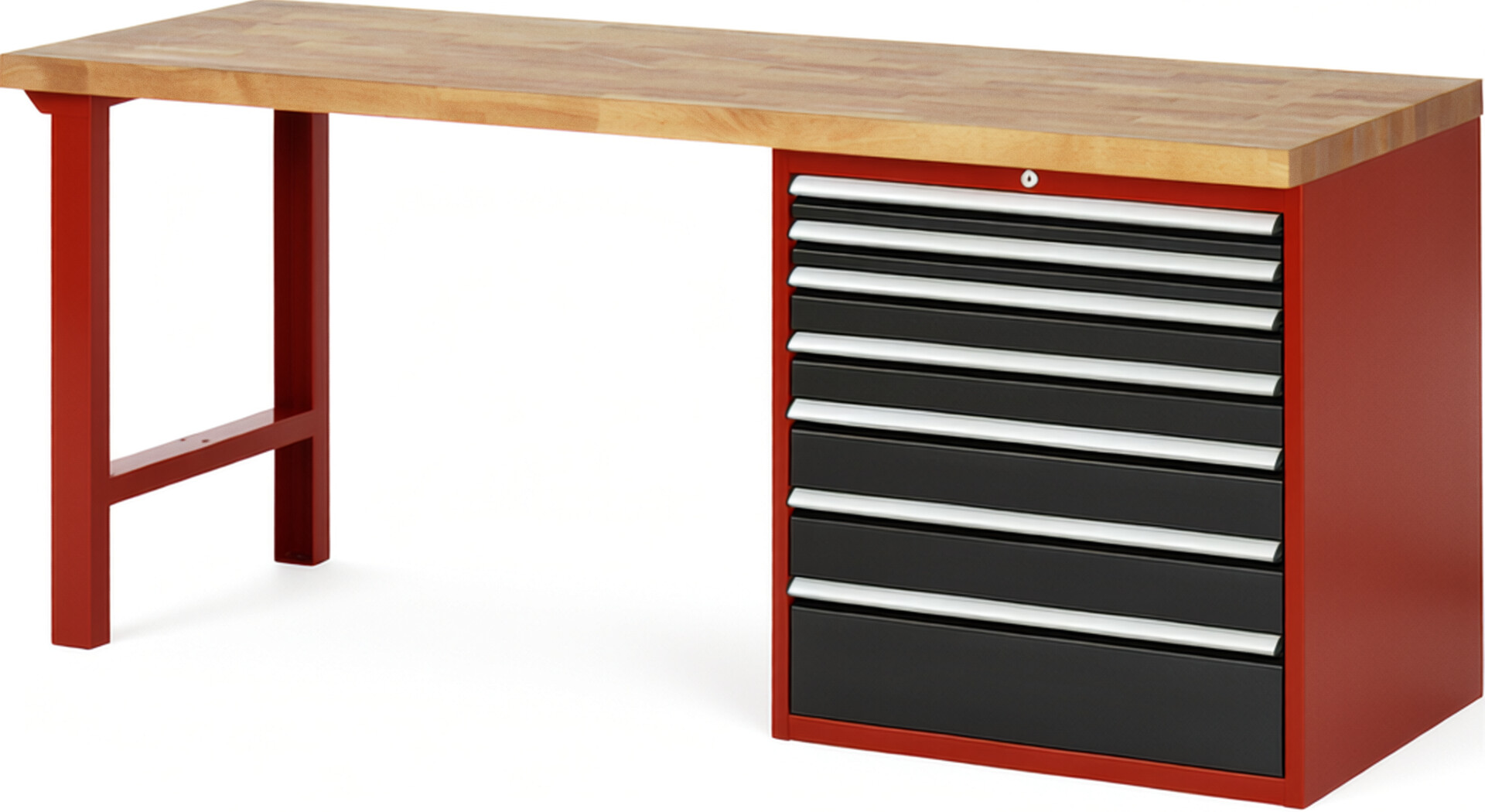 Werkbank Modell 7617 rot - schwarz, BxTxH 2000x700x890 mm,  Buche-Massiv Arbeitsplatte 40 mm,  7 Schubladen mit  Auszug 90 %