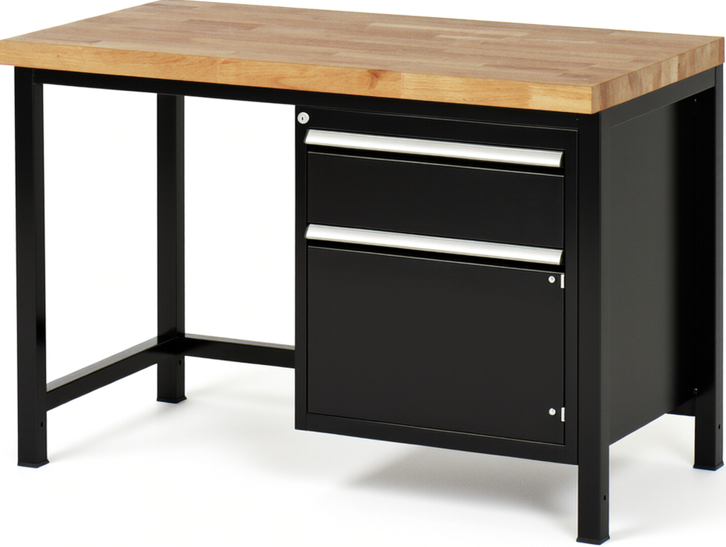 Werkbank Modell 8152 schwarz, BxTxH 1250x700x840 mm,  Buche-Massiv Arbeitsplatte 40 mm,  1 Schublade mit  Vollauszug 100 % und  SoftClosing