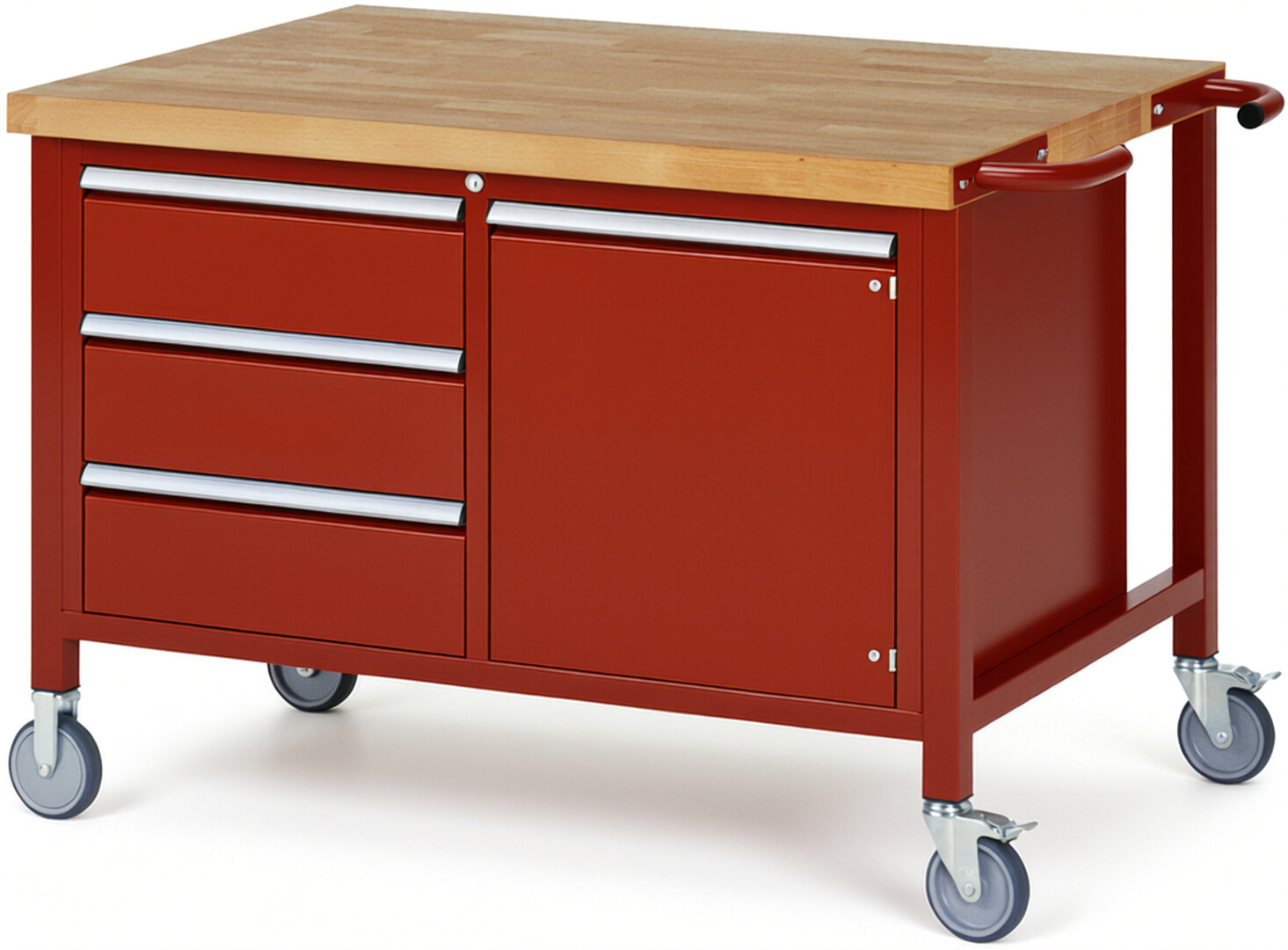 Fahrbare Werkbank Modell 8468 rot, BxTxH 1250x900x880 mm,  Buche-Massiv Arbeitsplatte 40 mm,  3 Schubladen mit  Auszug 90 %