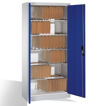 Aktenschrank mit 6 Pendelstangen, Büroschrank, für Elba/Leitz Pendelmappen, Korpusfarbe lichtgrau, Türfarbe enzianblau, 1.950 x 930 x 400 mm (HxBxT)