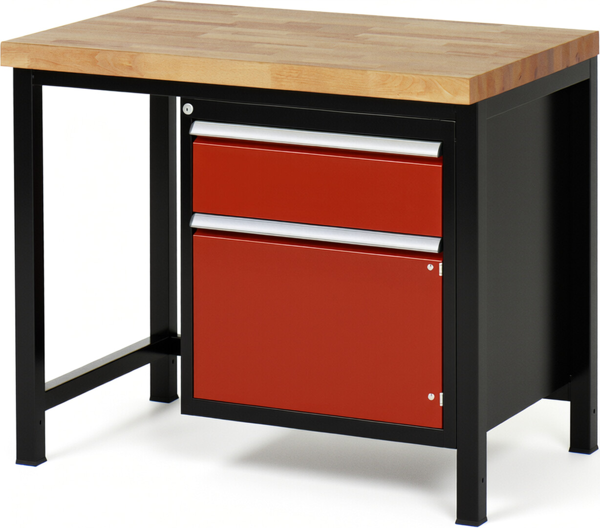 RAU Werkbank schwarz - rot - Breite 100 cm - Tiefe 70 cm - Höhe 104 cm - Buche-Massiv Arbeitsplatte 40 mm