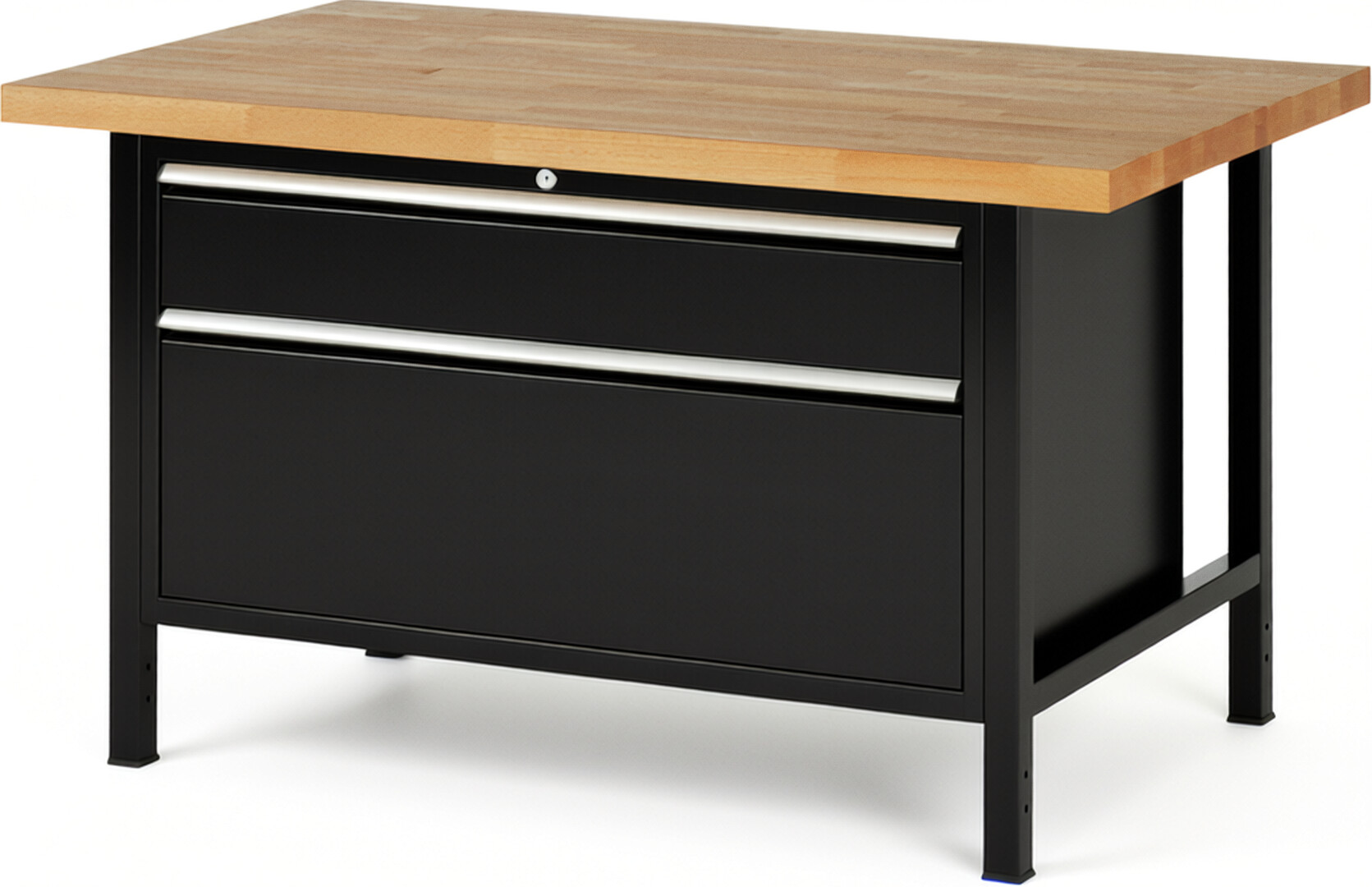 Werkbank Modell 8356 schwarz, BxTxH 1500x900x840 mm,  Buche-Massiv Arbeitsplatte 40 mm,  2 Schubladen mit  Auszug 90 %