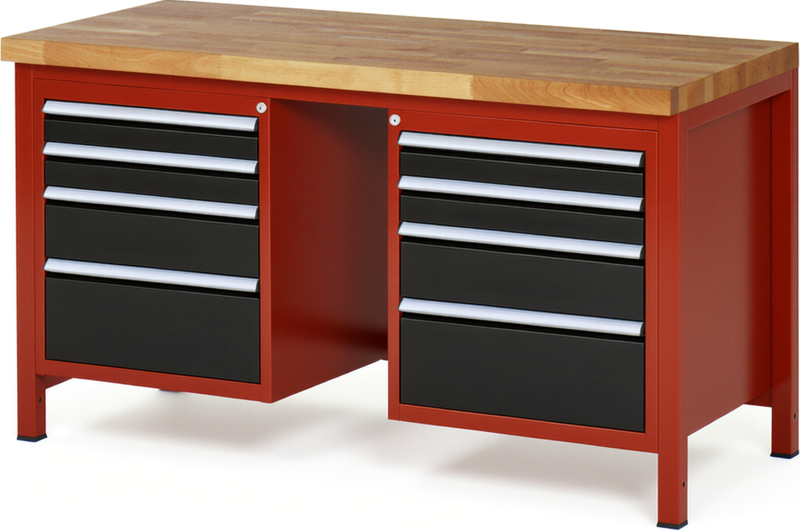 Werkbank Modell 8182 rot - schwarz, BxTxH 1500x700x840-1040 mm,  Buche-Massiv Arbeitsplatte 40 mm,  8 Schubladen mit  Auszug 90 %