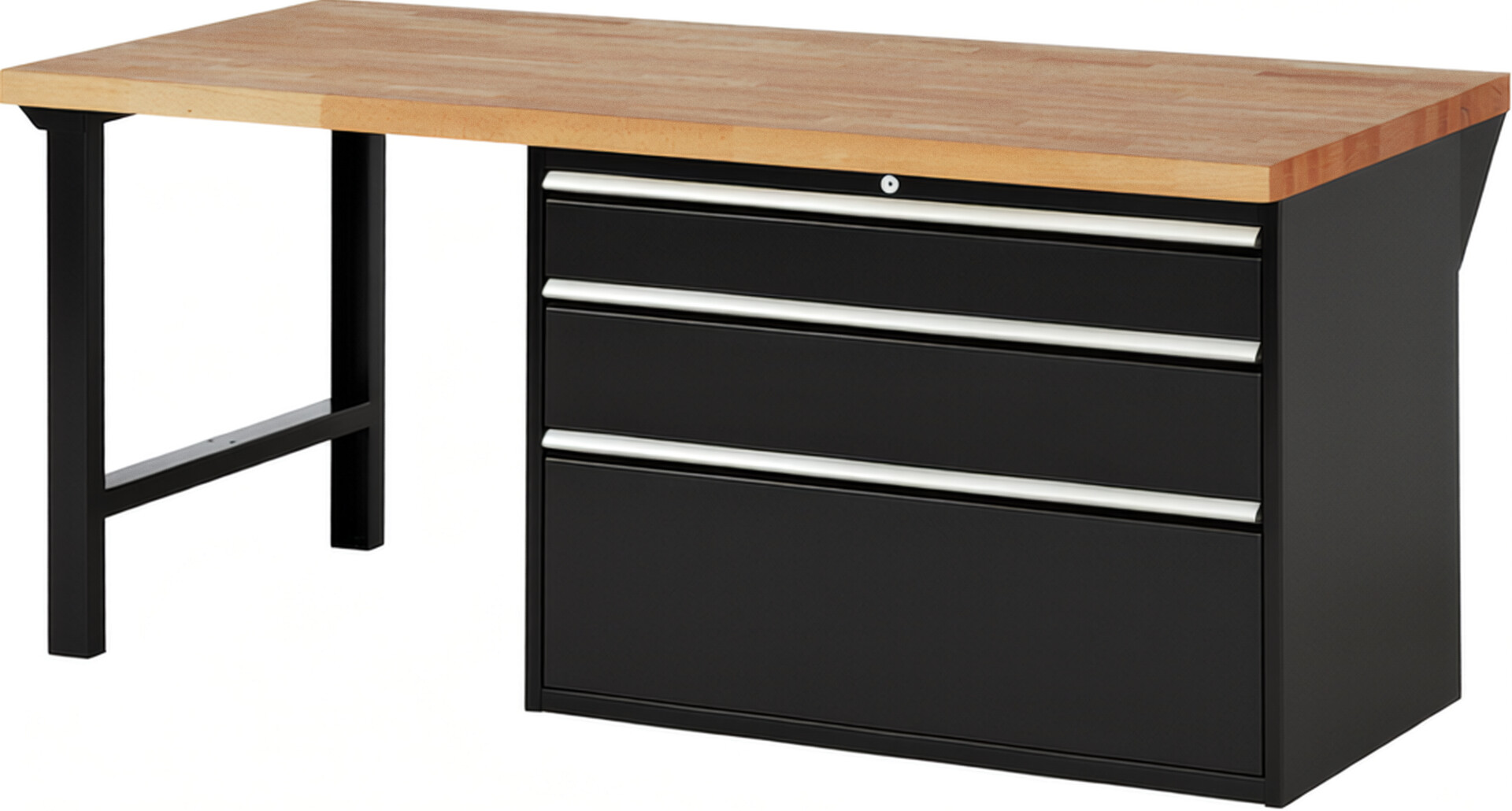 Werkbank Modell 7708 schwarz, BxTxH 2000x900x890 mm,  Buche-Massiv Arbeitsplatte 40 mm,  3 Schubladen mit  Auszug 90 %