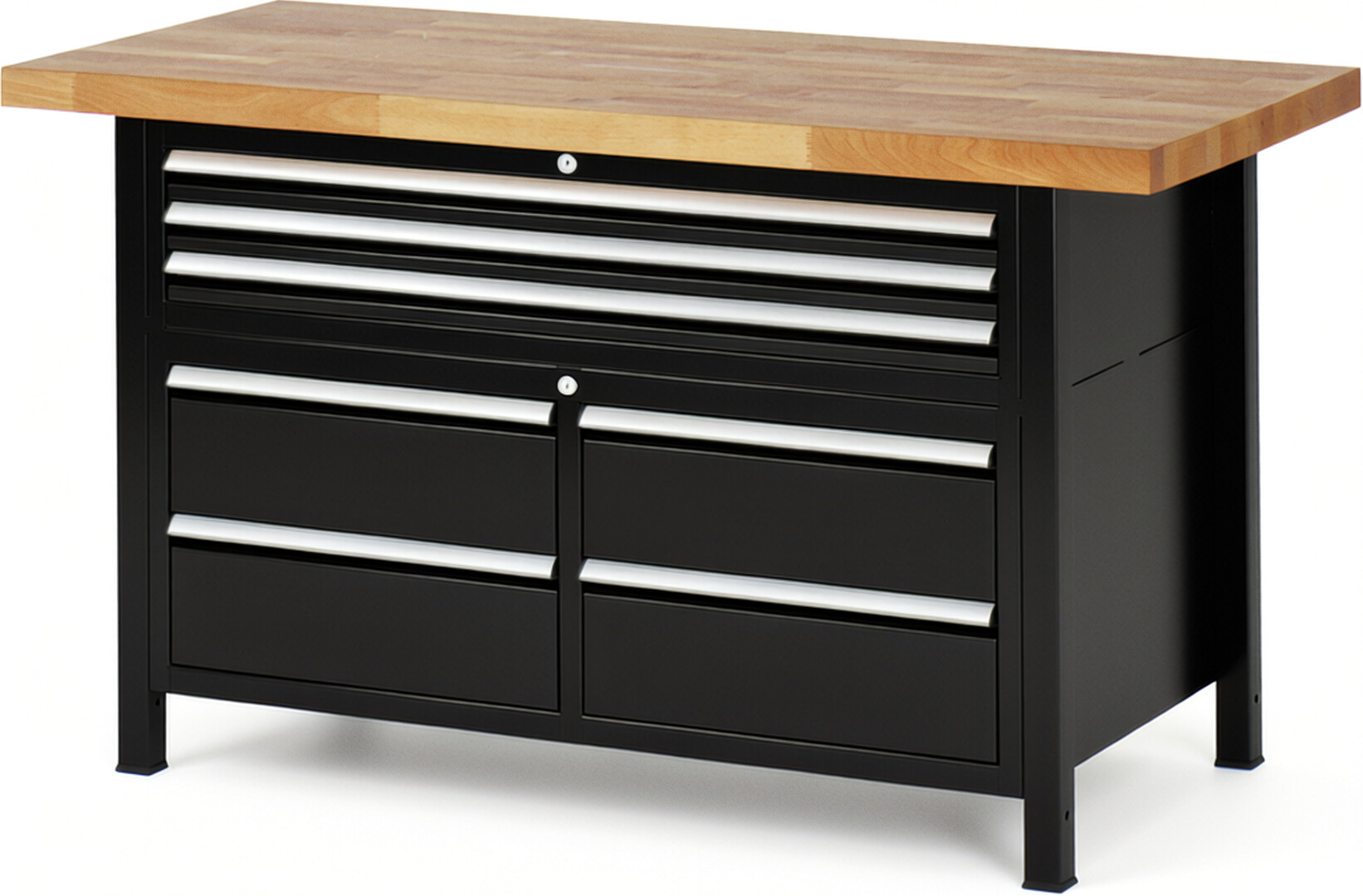 Werkbank Modell 8924 schwarz, BxTxH 1500x700x840 mm,  Buche-Massiv Arbeitsplatte 40 mm,  7 Schubladen mit  Vollauszug 100 % und  SoftClosing