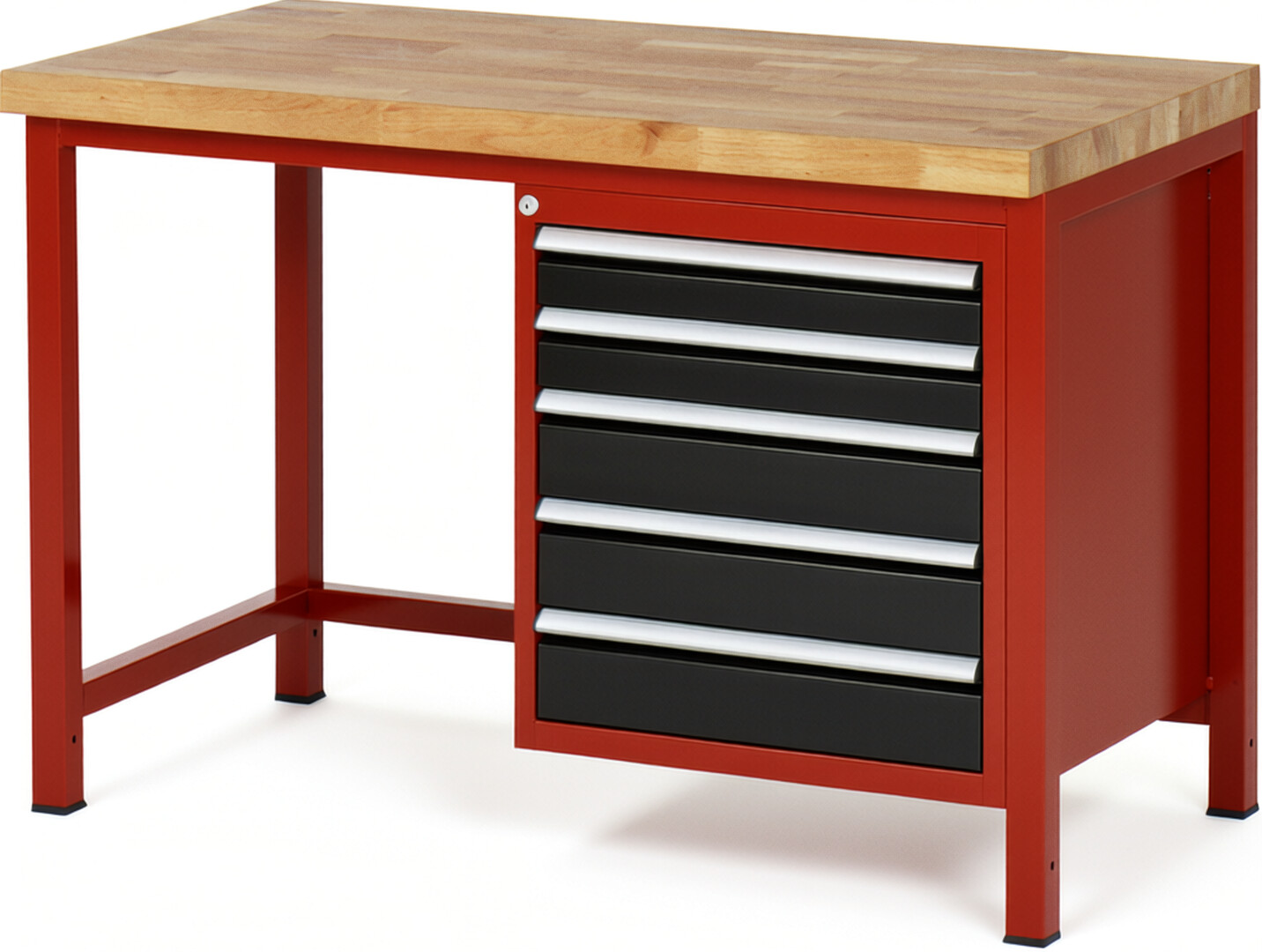 Werkbank Modell 8171 rot - schwarz, BxTxH 1250x700x840-1040 mm,  Buche-Massiv Arbeitsplatte 40 mm,  5 Schubladen mit  Auszug 90 %
