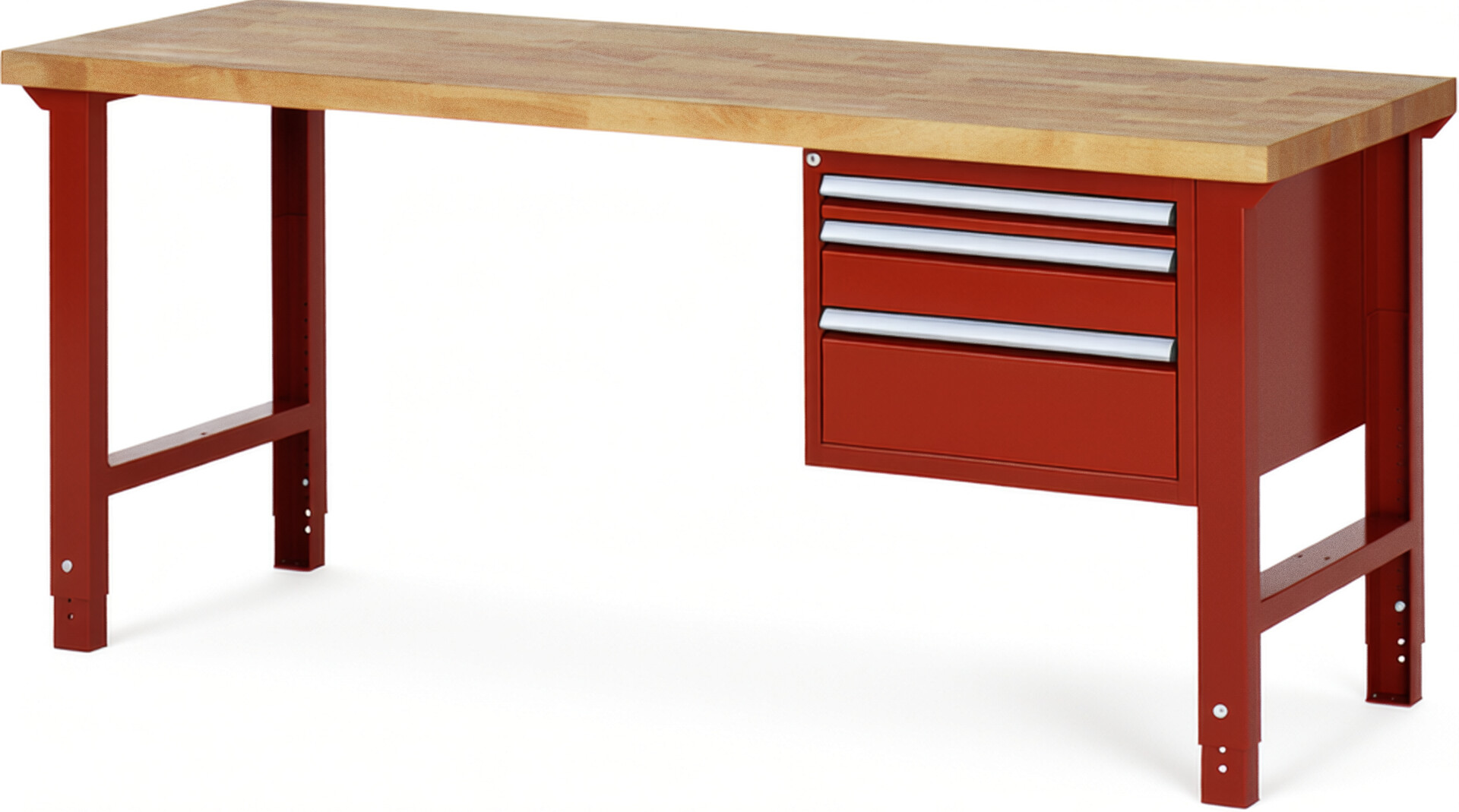 Werkbank Modell 7126 rot, BxTxH 2000x700x790-1140 mm,  Buche-Massiv Arbeitsplatte 40 mm,  3 Schubladen mit  Auszug 90 %