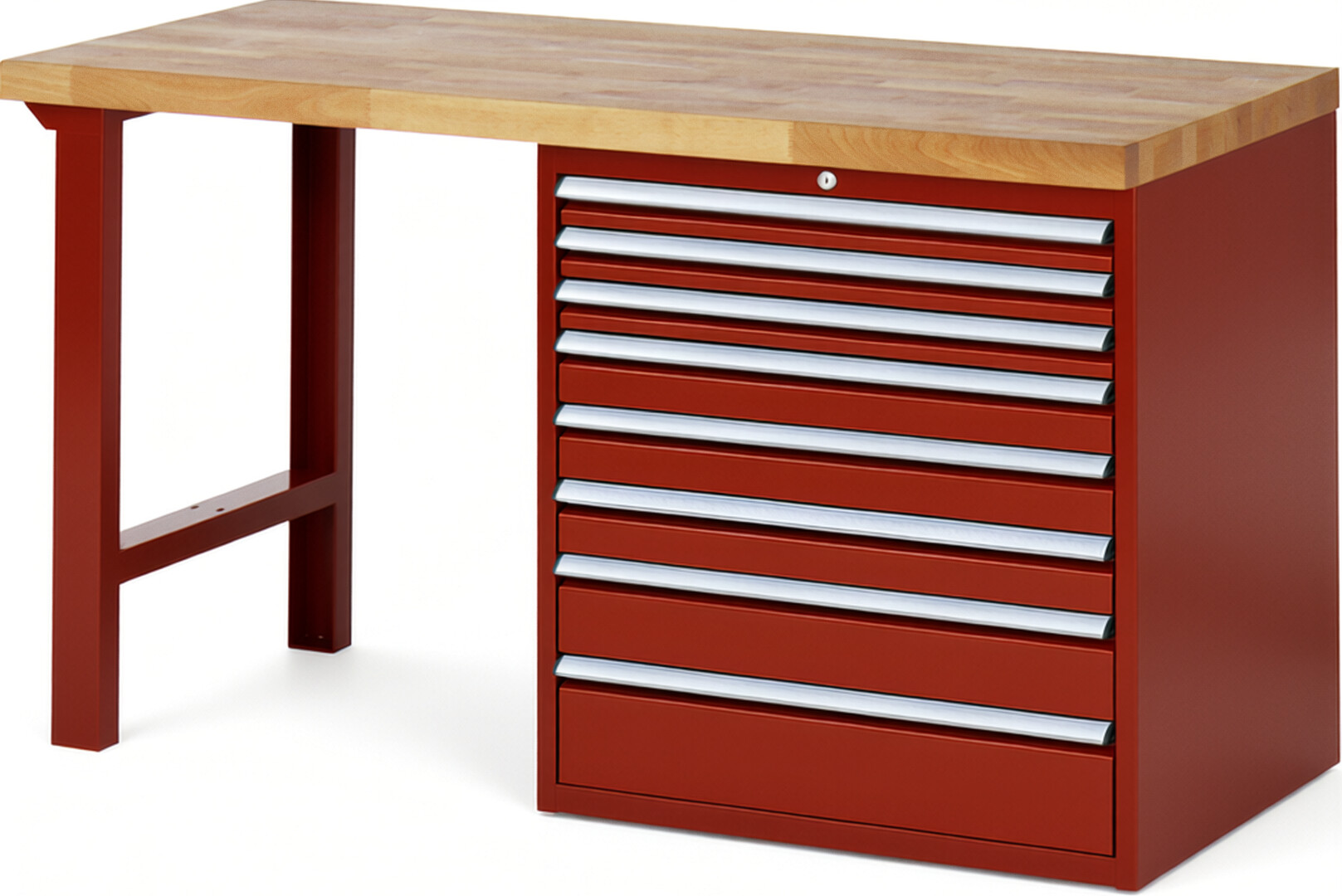 Werkbank Modell 7619 rot, BxTxH 1500x700x890 mm,  Buche-Massiv Arbeitsplatte 40 mm,  8 Schubladen mit  Vollauszug 100 % und  SoftClosing
