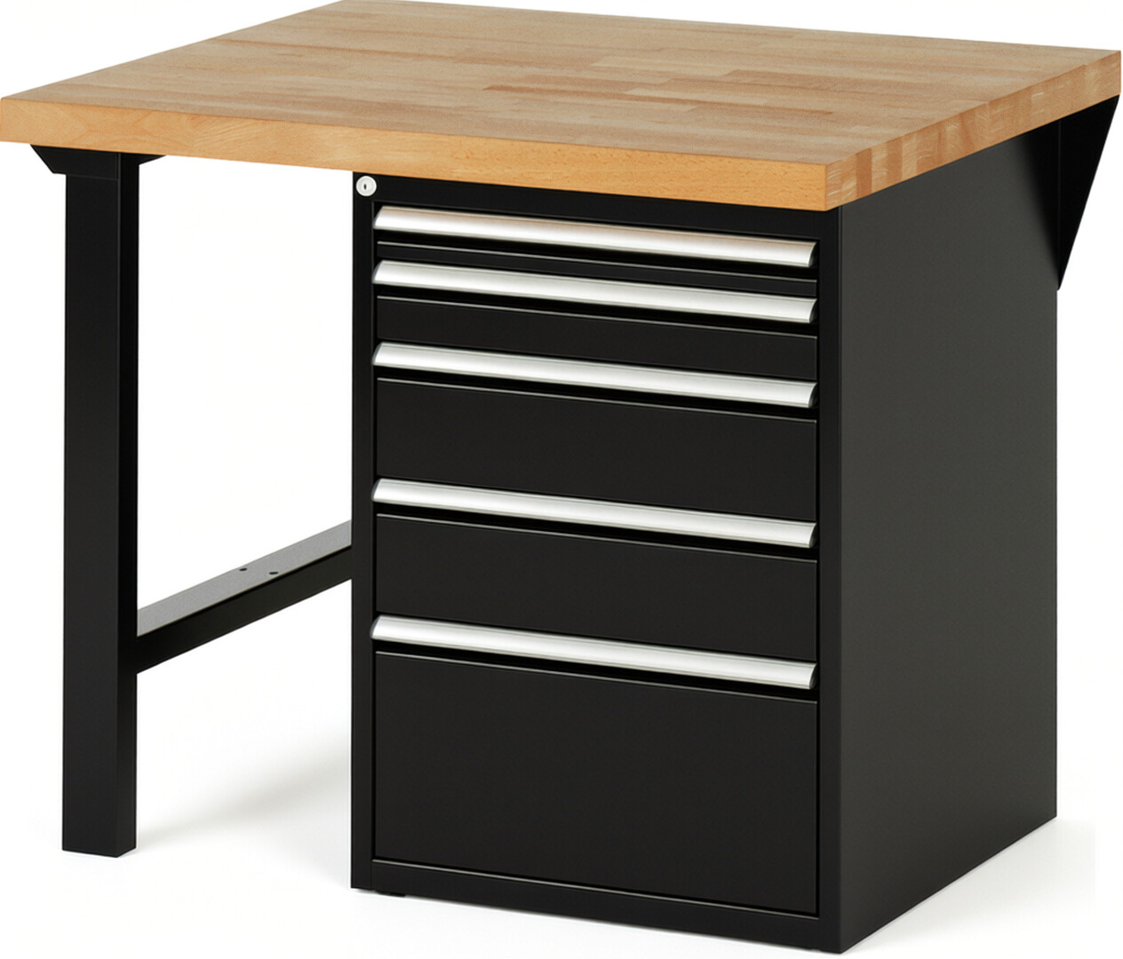 Werkbank Modell 7511 schwarz, BxTxH 1000x900x890 mm,  Buche-Massiv Arbeitsplatte 40 mm,  5 Schubladen mit  Auszug 90 %
