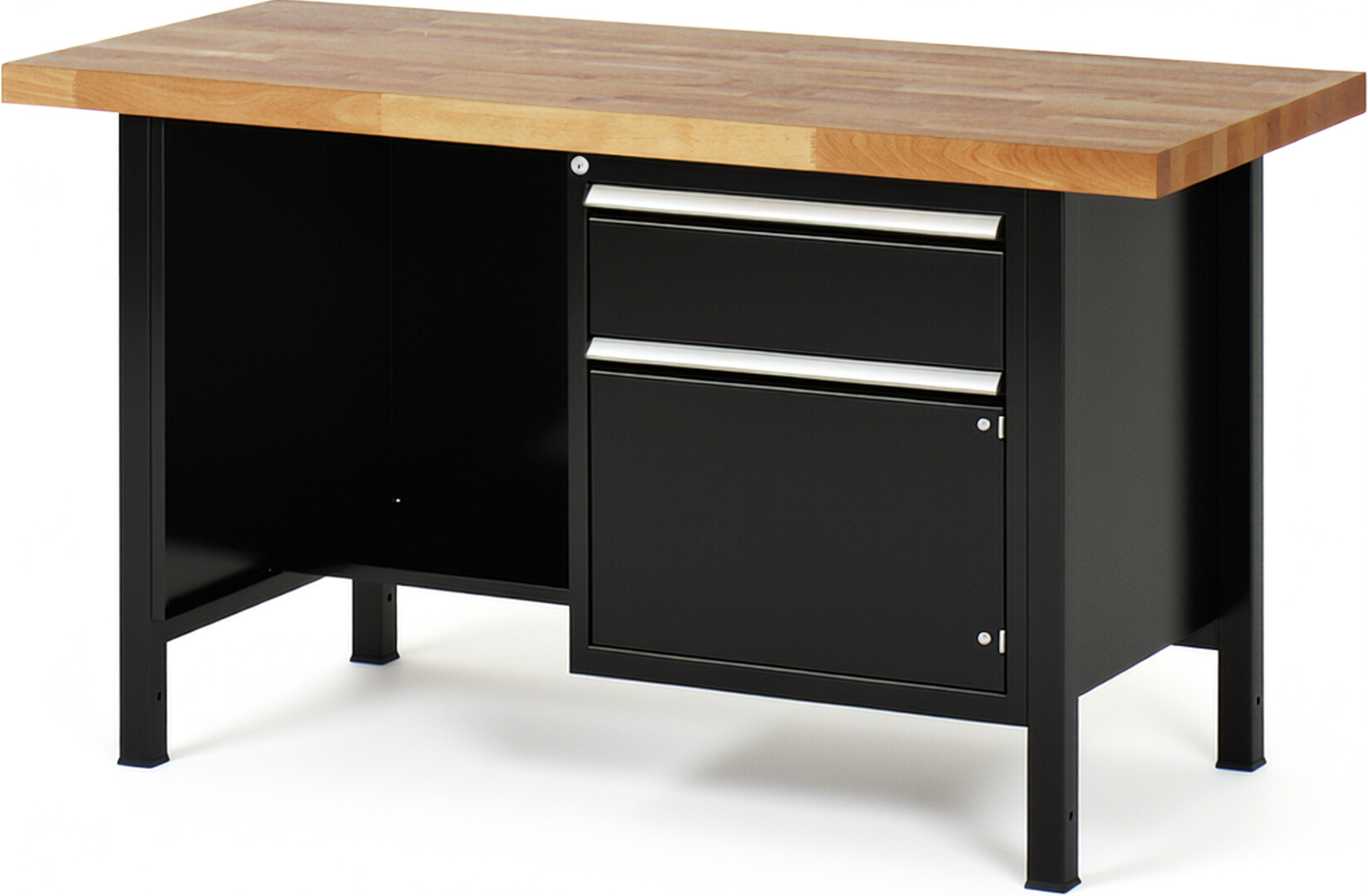 Werkbank Modell 8455 schwarz, BxTxH 1500x700x840 mm,  Buche-Massiv Arbeitsplatte 40 mm,  1 Schublade mit  Auszug 90 %