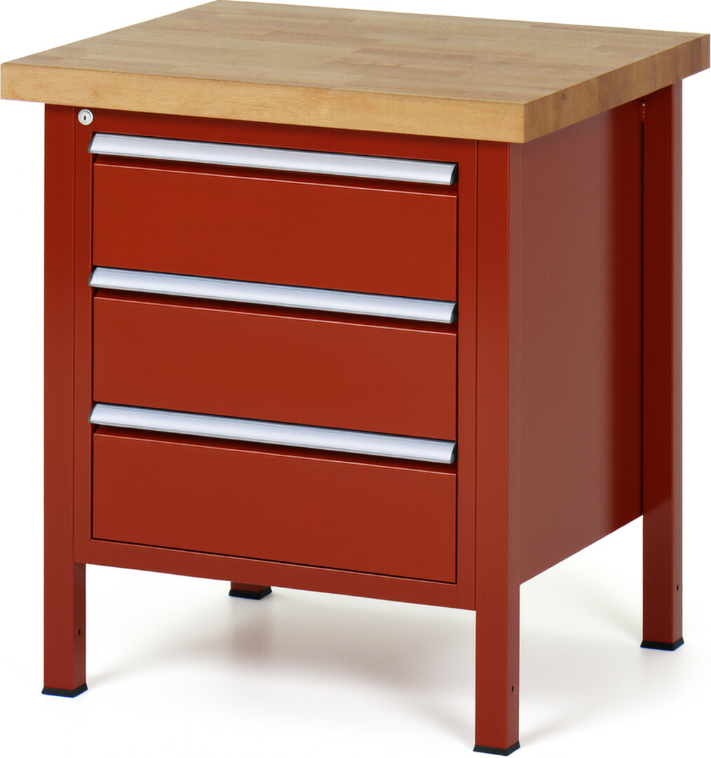 Werkbank Modell 8157 rot, BxTxH 750x700x840 mm,  Buche-Massiv Arbeitsplatte 40 mm,  3 Schubladen mit  Vollauszug 100 % und  SoftClosing