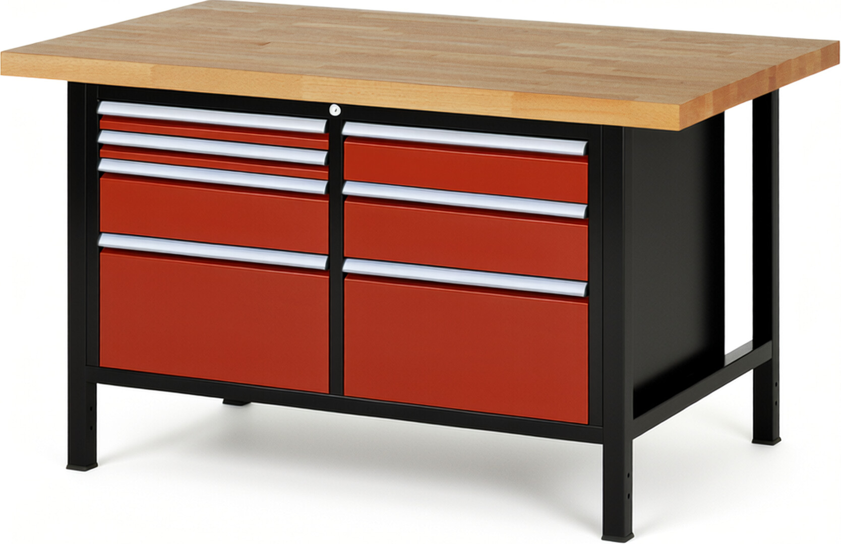 RAU Werkbank schwarz - rot - Breite 150 cm - Tiefe 90 cm - Höhe 104 cm - Buche-Massiv Arbeitsplatte 40 mm