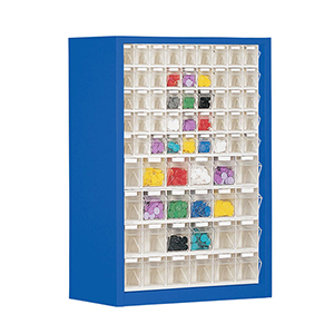 Kleinteilemagazin - Hängeschrank, BxTxH 665x250x910 mm, 69 Kästen, 45xGr. 9, 24xGr. 6, RAL 5010 enzianblau