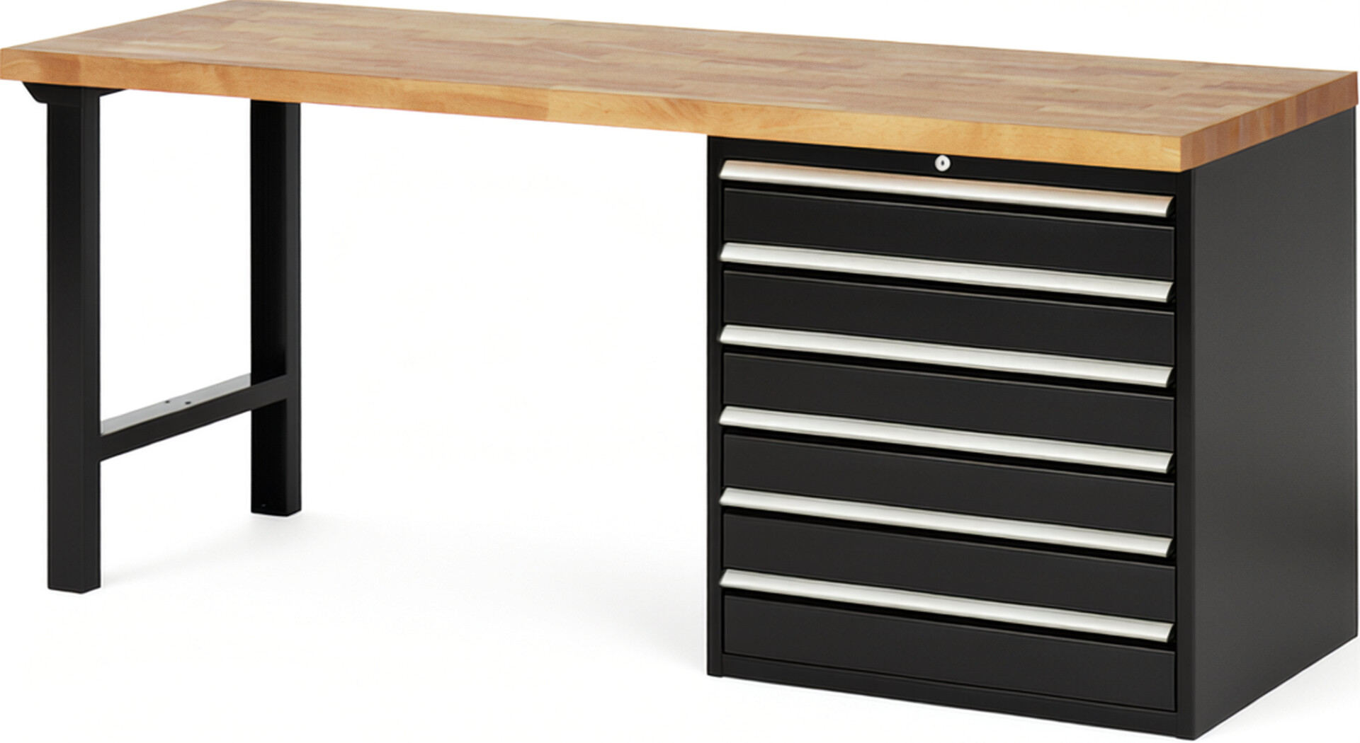 Werkbank Modell 7616 schwarz, BxTxH 2000x700x890 mm,  Buche-Massiv Arbeitsplatte 40 mm,  6 Schubladen mit  Auszug 90 %