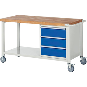 Fahrbare Werkbank, BxTxH 1500x700x880 mm, 3 Schubladen 180 mm, Ablageboden, Platte Buche 40 mm, RAL 7035/RAL5010