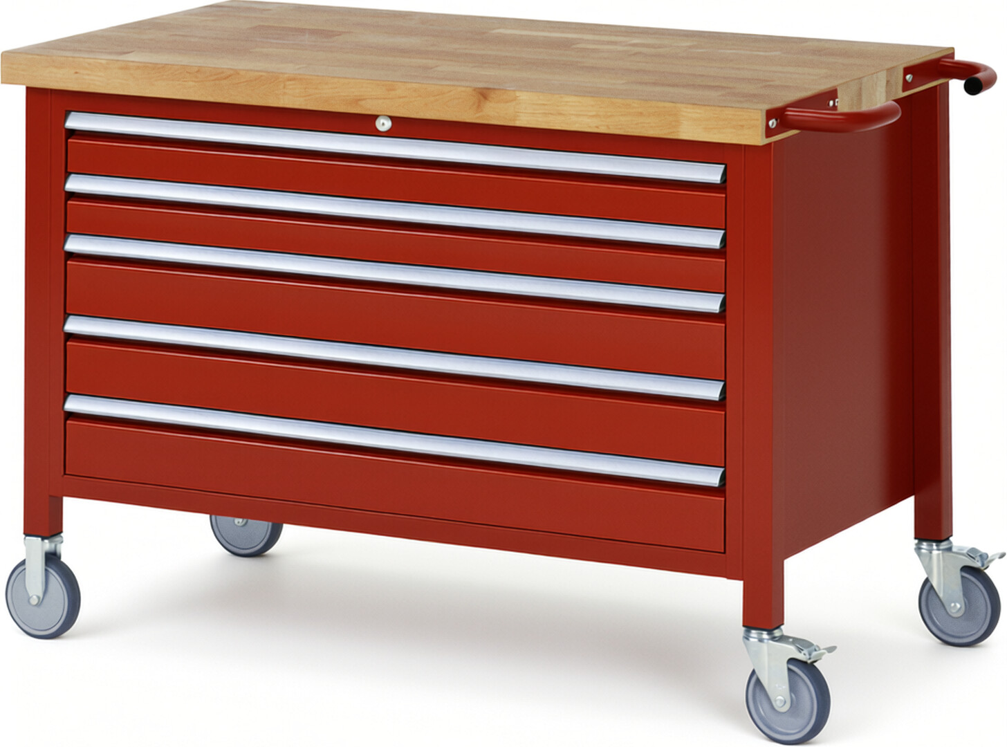 Fahrbare Werkbank Modell 8371 rot, BxTxH 1250x700x880 mm,  Buche-Massiv Arbeitsplatte 40 mm,  5 Schubladen mit  Vollauszug 100 % und  SoftClosing