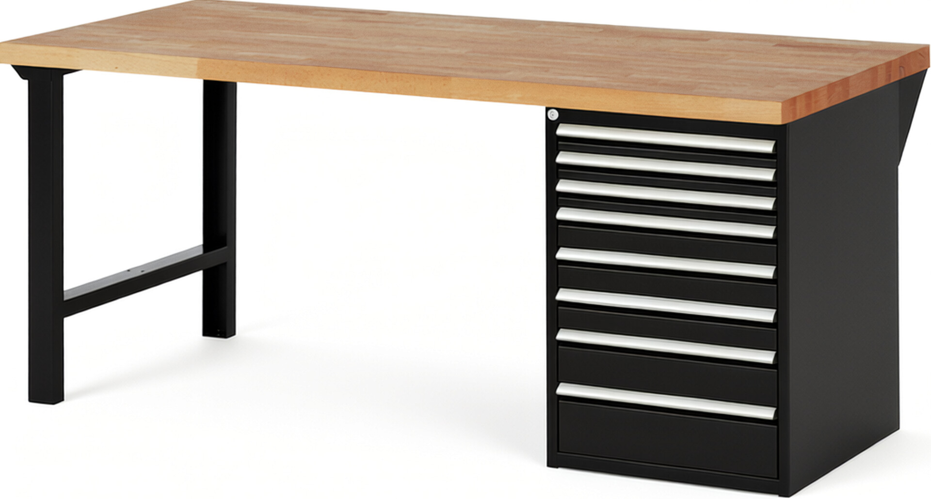 Werkbank Modell 7519 schwarz, BxTxH 2000x900x890 mm,  Buche-Massiv Arbeitsplatte 40 mm,  8 Schubladen mit  Auszug 90 %