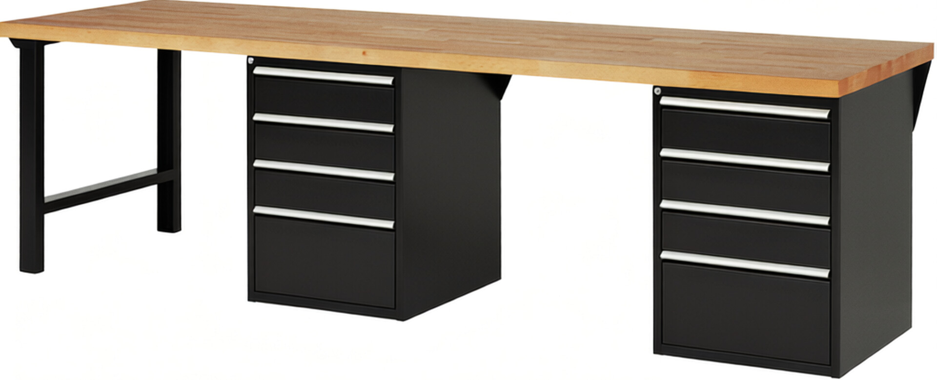 Werkbank Modell 7510 schwarz, BxTxH 3000x900x840 mm,  Buche-Massiv Arbeitsplatte 40 mm,  8 Schubladen mit  Auszug 90 %