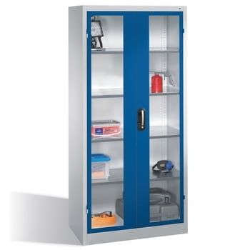 C+P Großraum Werkzeugschrank, Materiallager, Stahlschrank mit Sichtfenstertüren, 4 Fachböden, Farbe lichtgrau/enzianblau, 1.950 x 930 x 500 (HxBxT)