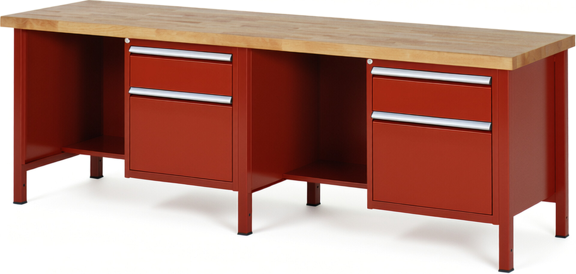 Werkbank Modell 8451 rot, BxTxH 2500x700x840-1040 mm,  Buche-Massiv Arbeitsplatte 40 mm,  4 Schubladen mit  Auszug 90 %