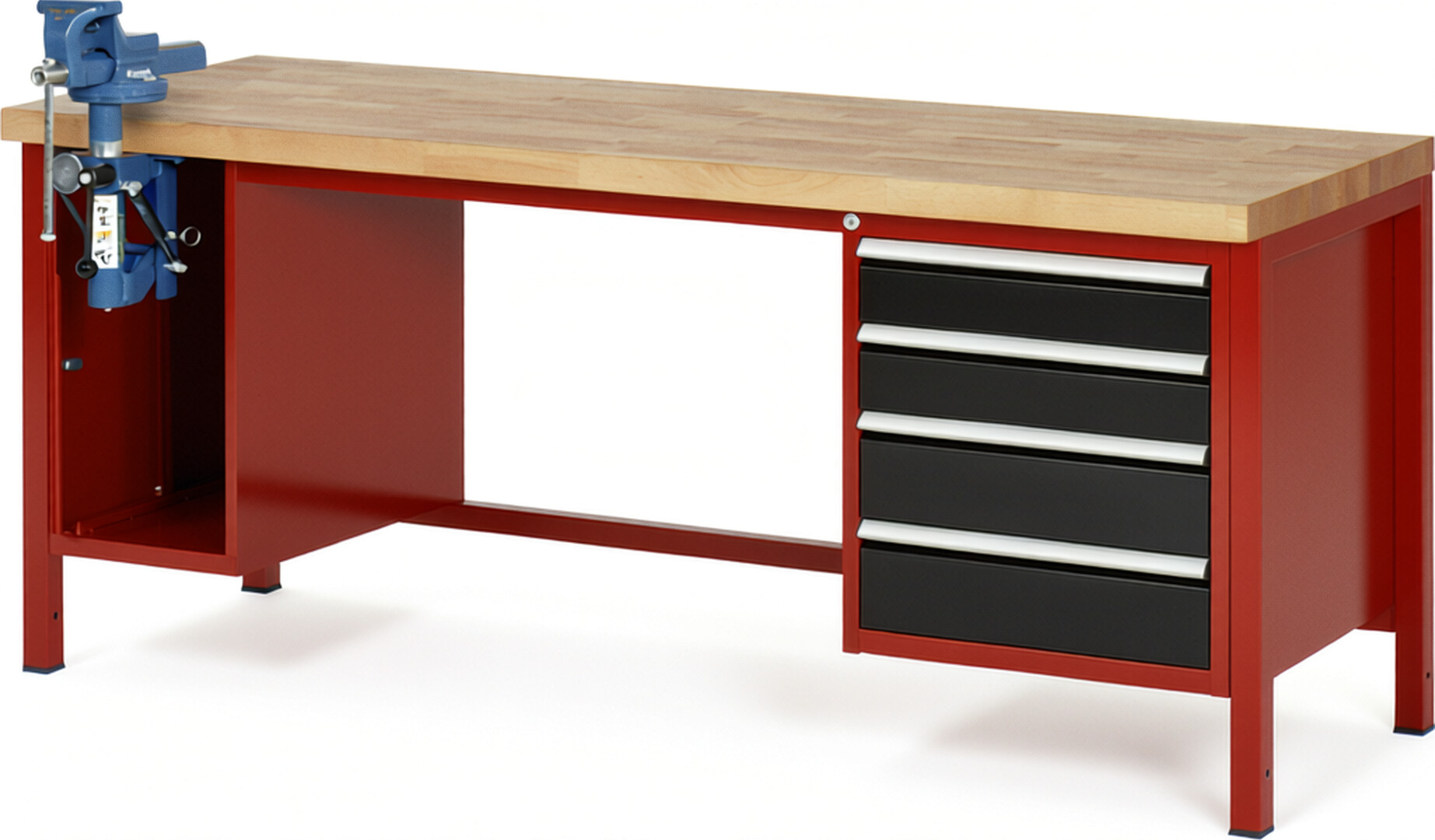 Werkbank Modell 8185 rot - schwarz, BxTxH 2000x700x840-1040 mm,  Buche-Massiv Arbeitsplatte 40 mm,  4 Schubladen mit  Auszug 90 %
