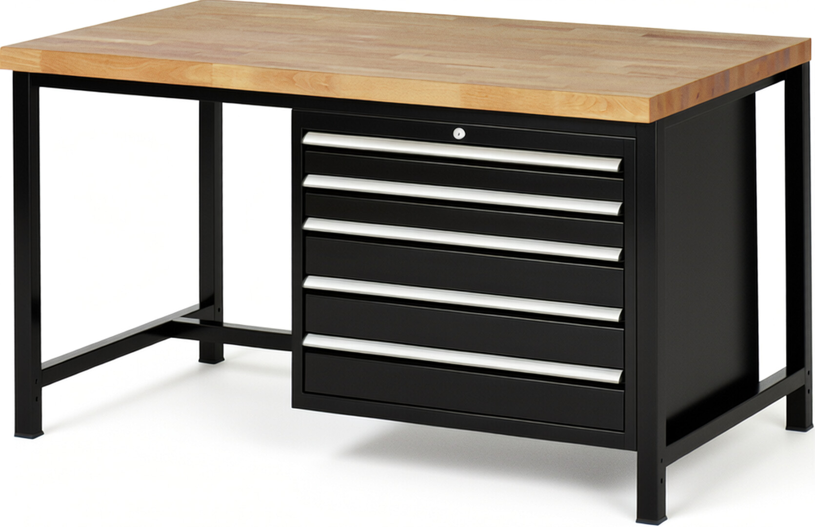 Werkbank Modell 8271 schwarz, BxTxH 1500x900x840 mm,  Buche-Massiv Arbeitsplatte 40 mm,  5 Schubladen mit  Vollauszug 100 % und  SoftClosing