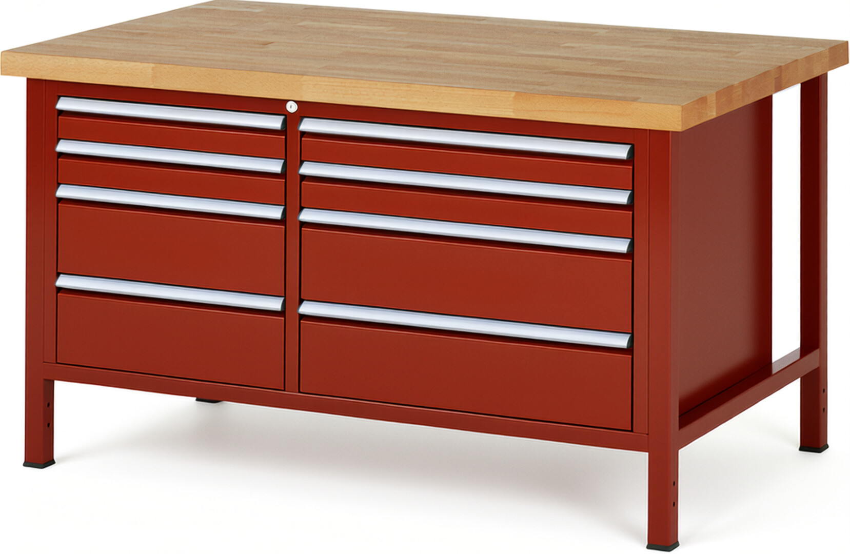 Werkbank Modell 8654 rot, BxTxH 1500x900x840-1040 mm,  Buche-Massiv Arbeitsplatte 40 mm,  8 Schubladen mit  Vollauszug 100 % und  SoftClosing