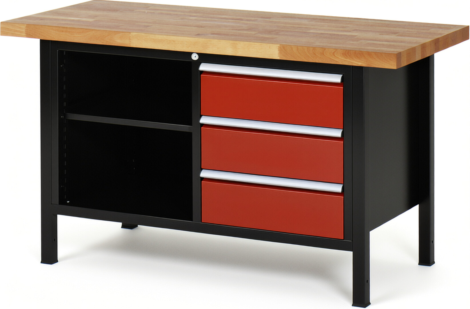 RAU Werkbank schwarz - rot - Breite 150 cm - Tiefe 70 cm - Höhe 104 cm - Buche-Massiv Arbeitsplatte 40 mm