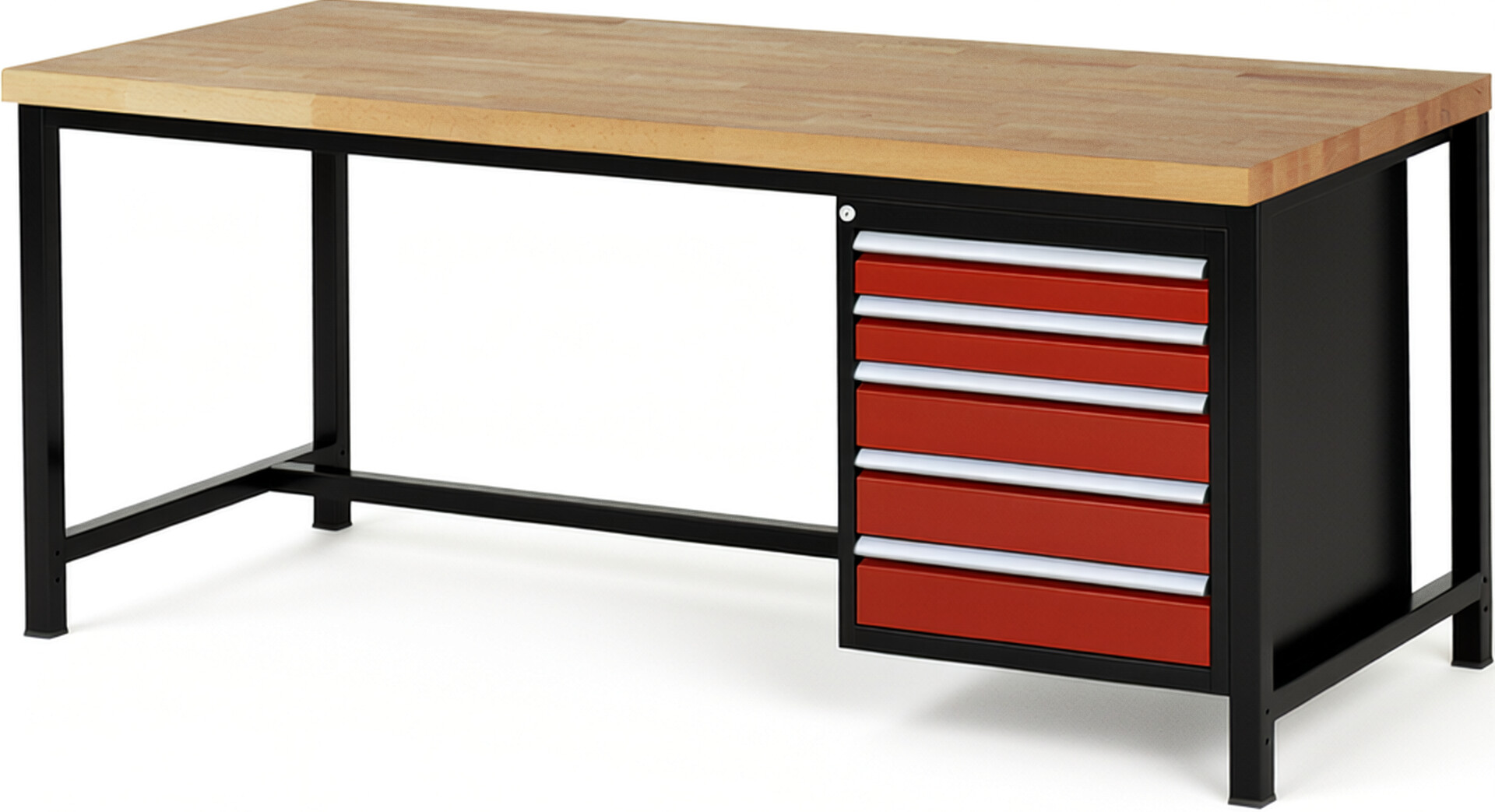 RAU Werkbank schwarz - rot - Breite 200 cm - Tiefe 90 cm - Höhe 104 cm - Buche-Massiv Arbeitsplatte 40 mm
