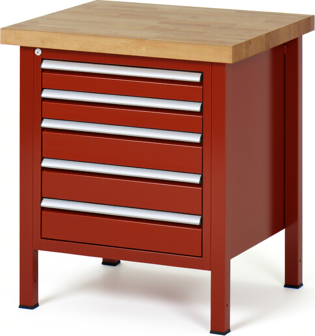 Werkbank Modell 8171 rot, BxTxH 750x700x840-1040 mm,  Buche-Massiv Arbeitsplatte 40 mm,  5 Schubladen mit  Auszug 90 %