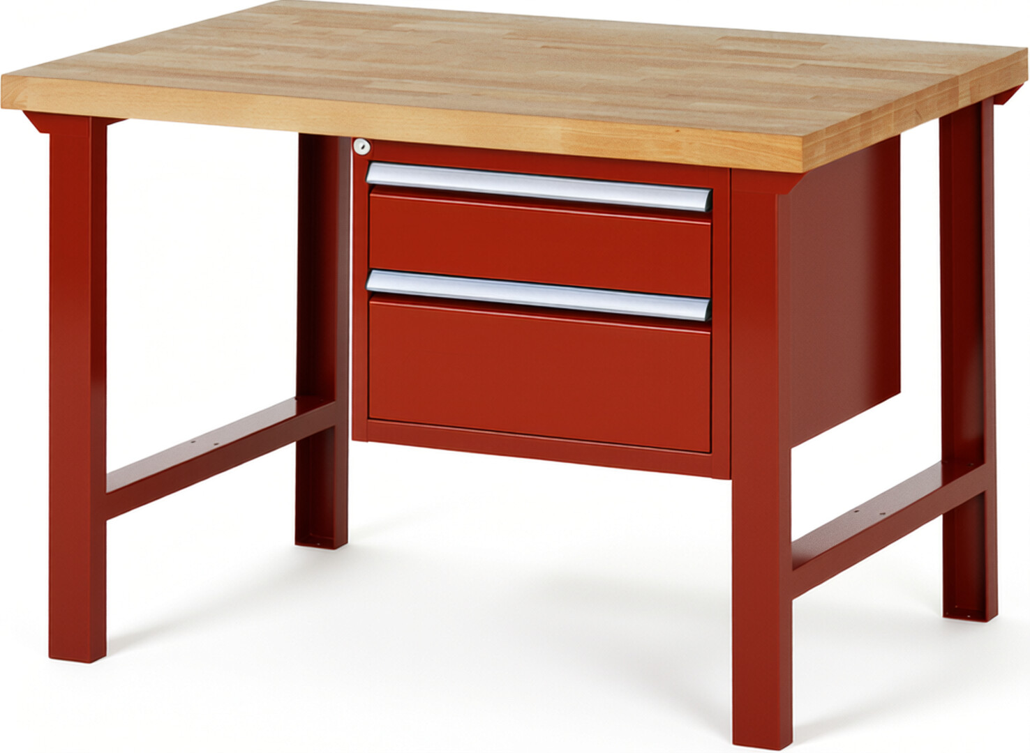 Werkbank Modell 7123 rot, BxTxH 1250x900x840 mm,  Buche-Massiv Arbeitsplatte 40 mm,  2 Schubladen mit  Vollauszug 100 % und  SoftClosing