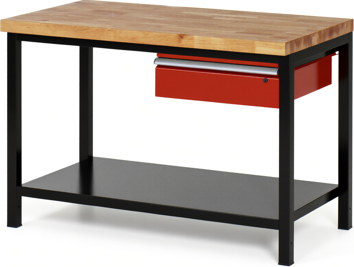 RAU Werkbank schwarz - rot - Breite 125 cm - Tiefe 70 cm - Höhe 104 cm - Buche-Massiv Arbeitsplatte 40 mm