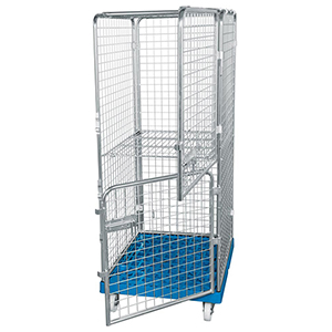 Rollbox mit Drahtgitterwänden, 5-seitig (2 Türen), 1 Boden, Nutzhöhe 1585 mm, BxTxH 810x720x1800 mm, Bodenplatte aus HDPE, RAL 5012 lichtblau