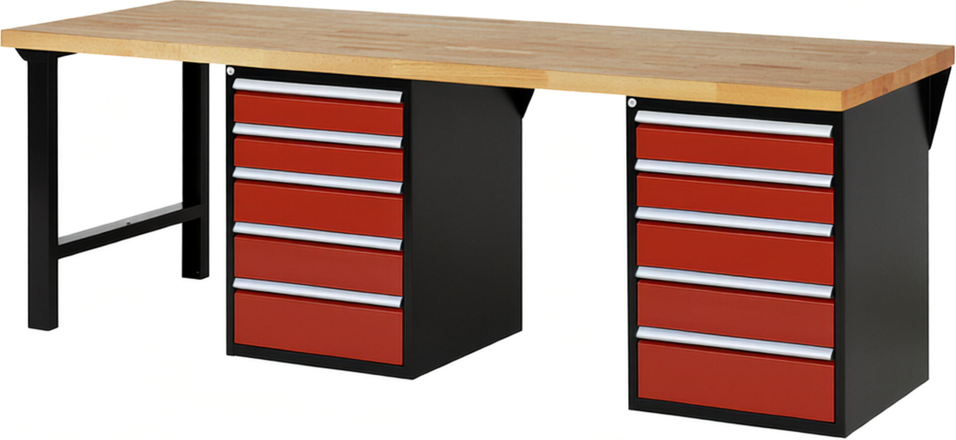 RAU Werkbank schwarz - rot - Breite 250 cm - Tiefe 90 cm - Höhe 89 cm - Buche-Massiv Arbeitsplatte 40 mm