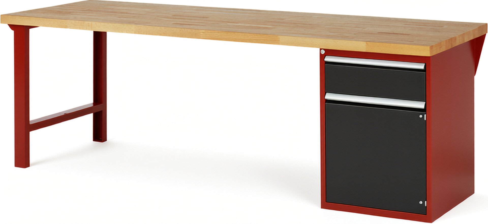 Werkbank Modell 7502 rot - schwarz, BxTxH 2500x900x890 mm,  Buche-Massiv Arbeitsplatte 40 mm,  1 Schublade mit  Auszug 90 %
