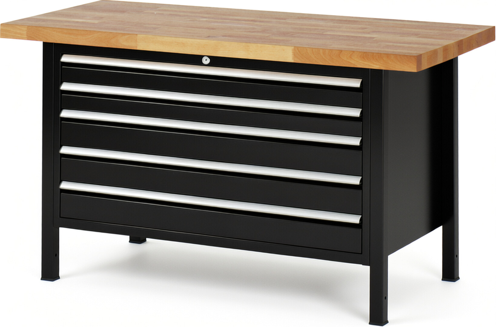 Werkbank Modell 8371 schwarz, BxTxH 1500x700x840-1040 mm,  Buche-Massiv Arbeitsplatte 40 mm,  5 Schubladen mit  Auszug 90 %