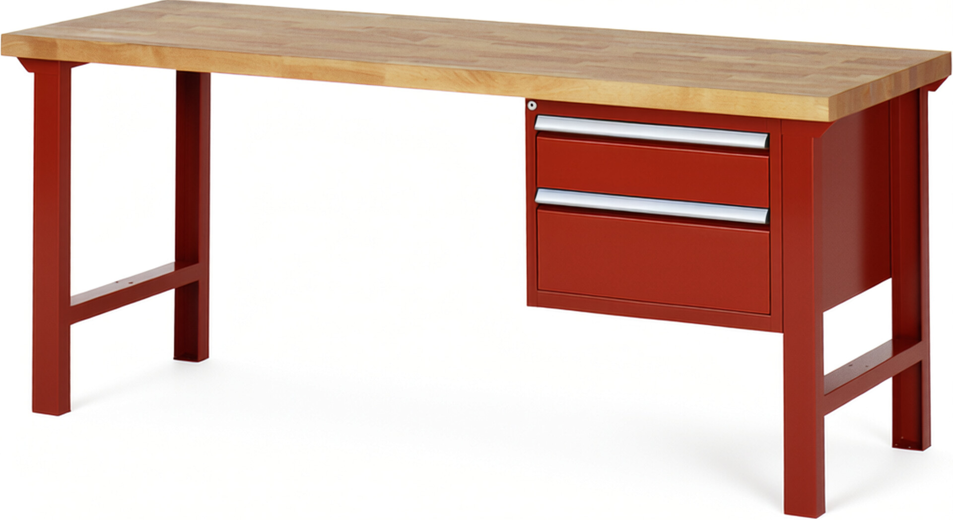 Werkbank Modell 7123 rot, BxTxH 2000x700x840 mm,  Buche-Massiv Arbeitsplatte 40 mm,  2 Schubladen mit  Vollauszug 100 % und  SoftClosing