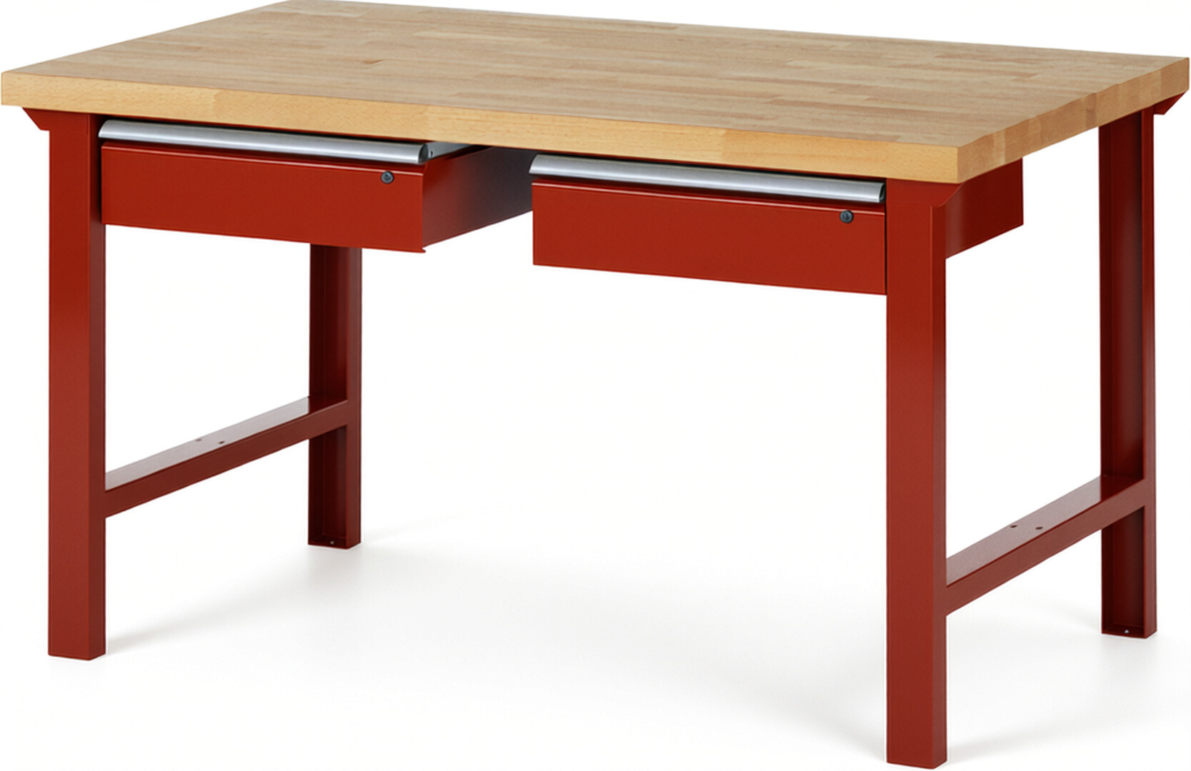Werkbank Modell 7002 rot, BxTxH 1500x900x840 mm,  Buche-Massiv Arbeitsplatte 40 mm,  2 Schubladen mit  Auszug 90 %