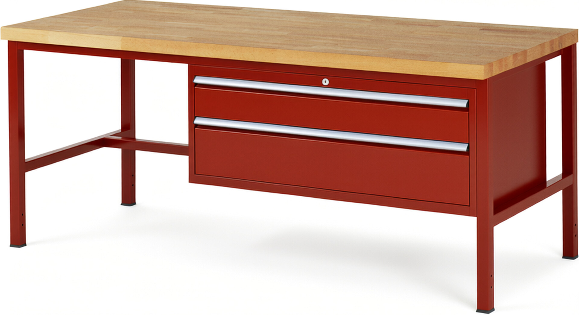 Werkbank Modell 8323 rot, BxTxH 2000x900x840 mm,  Buche-Massiv Arbeitsplatte 40 mm,  2 Schubladen mit  Auszug 90 %