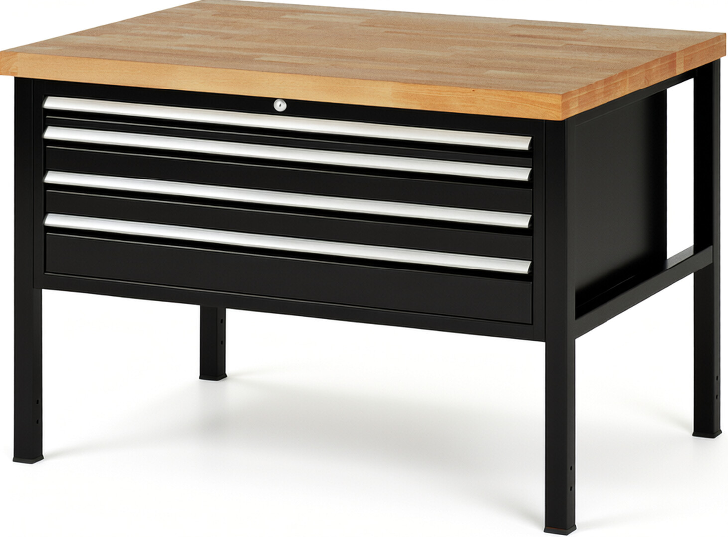 Werkbank Modell 8332 schwarz, BxTxH 1250x900x840 mm,  Buche-Massiv Arbeitsplatte 40 mm,  4 Schubladen mit  Vollauszug 100 % und  SoftClosing