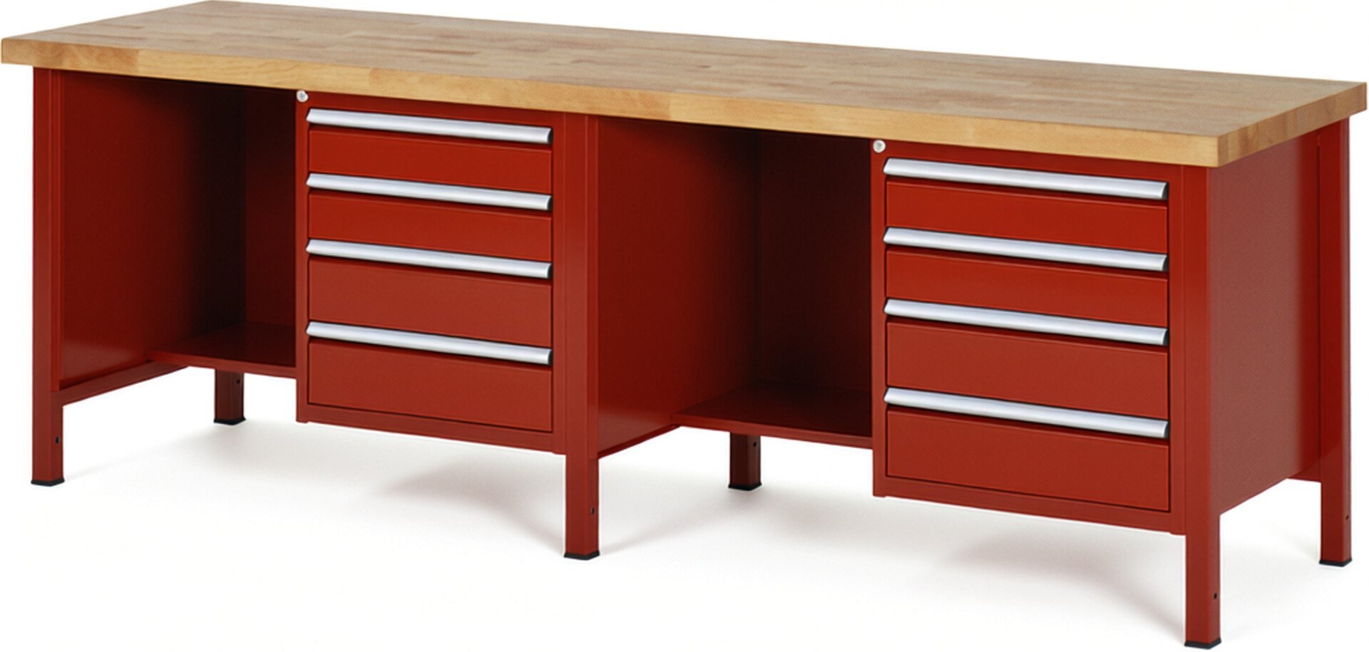 Werkbank Modell 8453 rot, BxTxH 2500x700x840 mm,  Buche-Massiv Arbeitsplatte 40 mm,  8 Schubladen mit  Auszug 90 %