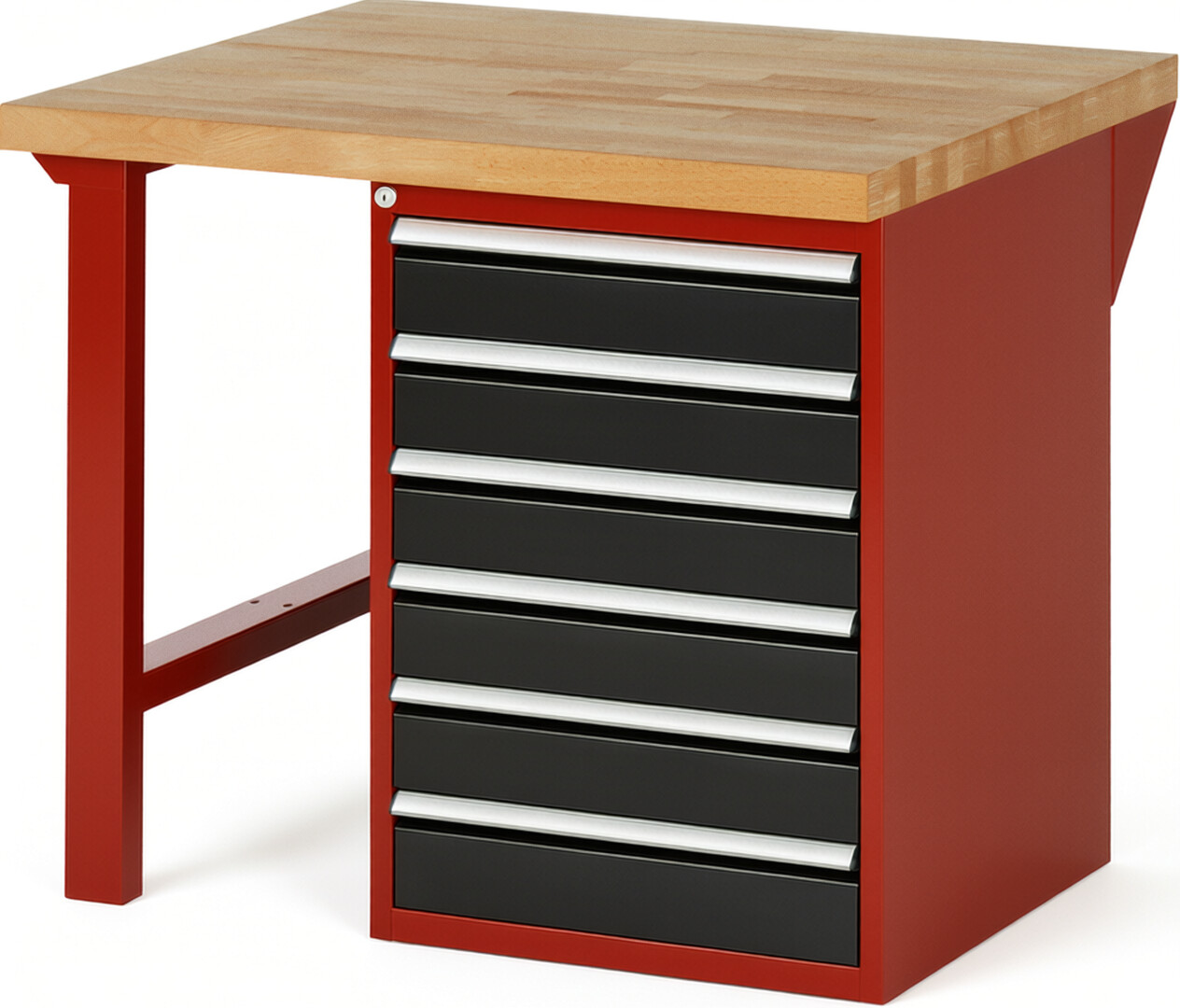 Werkbank Modell 7516 rot - schwarz, BxTxH 1000x900x890 mm,  Buche-Massiv Arbeitsplatte 40 mm,  6 Schubladen mit  Vollauszug 100 % und  SoftClosing