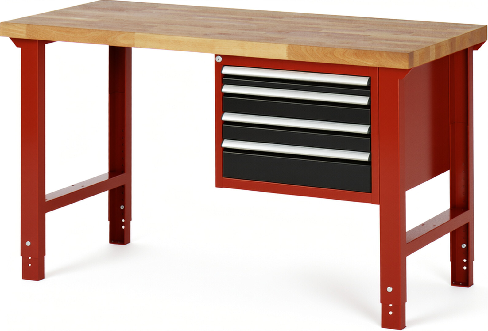 Werkbank Modell 7132 rot - schwarz, BxTxH 1500x700x790-1140 mm,  Buche-Massiv Arbeitsplatte 40 mm,  4 Schubladen mit  Auszug 90 %
