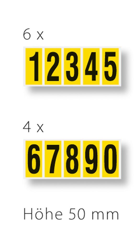 Ziffern 0-9, selbstklebend, Schrifthöhe 50 mm, VE 250 Etiketten mit 30x1-5 und 20x6-0, Schrift schwarz, Etikett gelb
