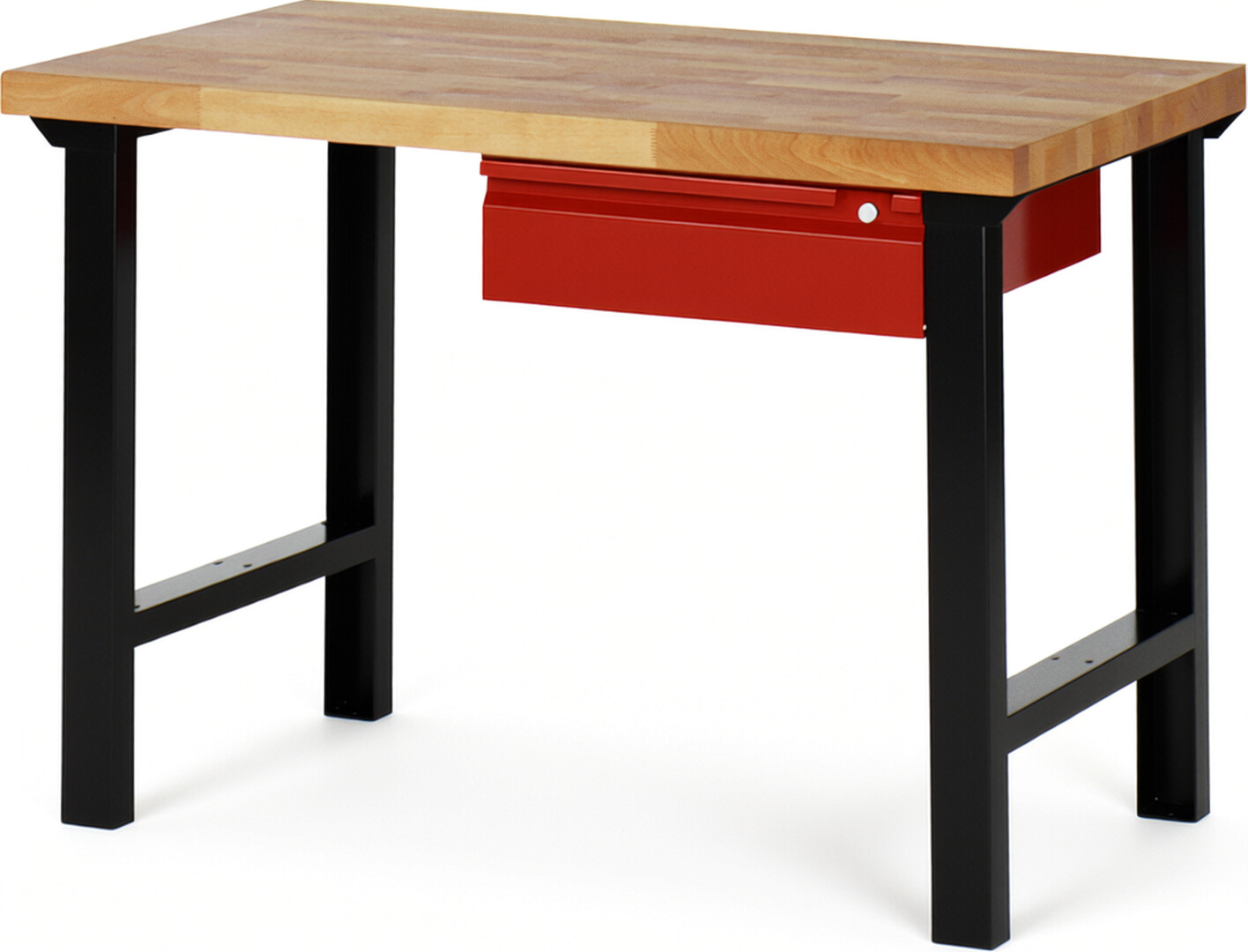 Werkbank schwarz-rot, BxTxH 1250x700x840 mm, Platte Buche 40 mm, 1 Hängeschublade 150 mm, RAL 9011/3000