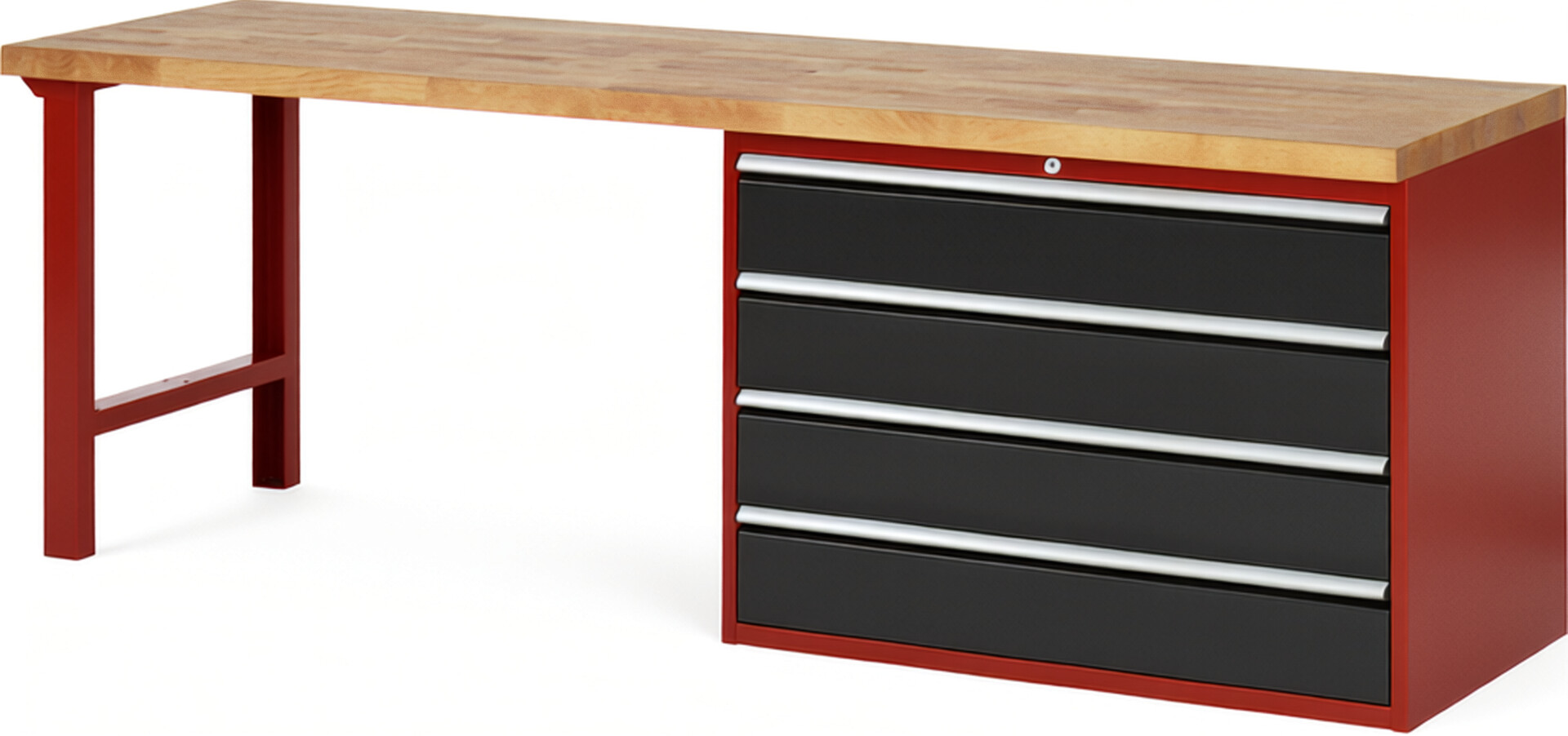 Werkbank Modell 7709 rot - schwarz, BxTxH 2500x700x840 mm,  Buche-Massiv Arbeitsplatte 40 mm,  4 Schubladen mit  Vollauszug 100 % und  SoftClosing